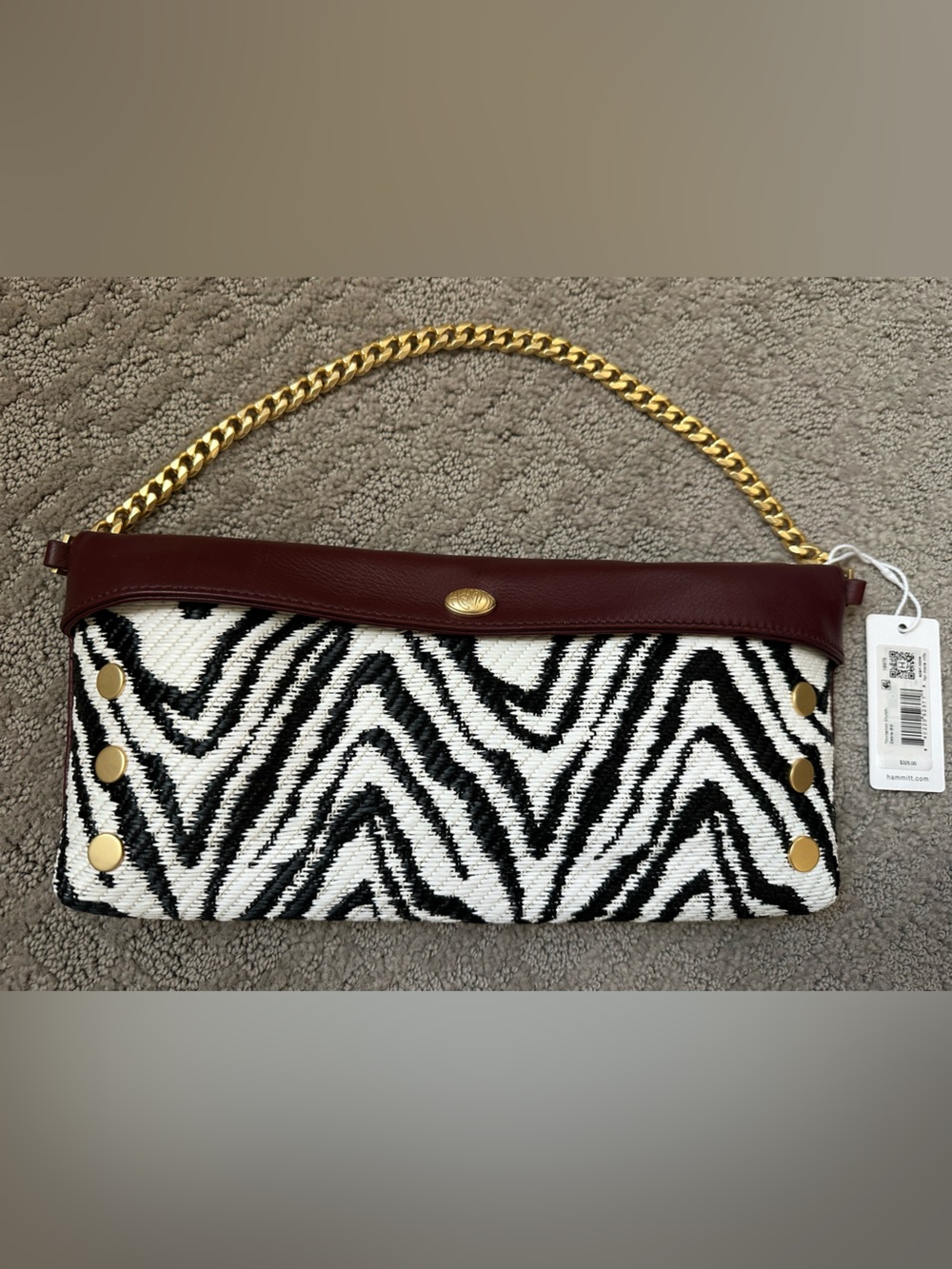 Hammitt Invitation Clutch Zebra Raffia Oxblood Leather Gold Chain New With Tags - Picture 5 of 15